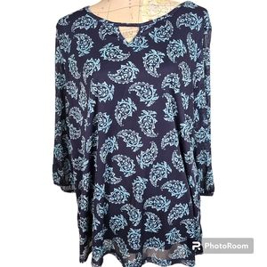 Catherine's Navy Blue Blue Paisley Size 1X Sheer Balloon Sleeve  Keyhole Blouse